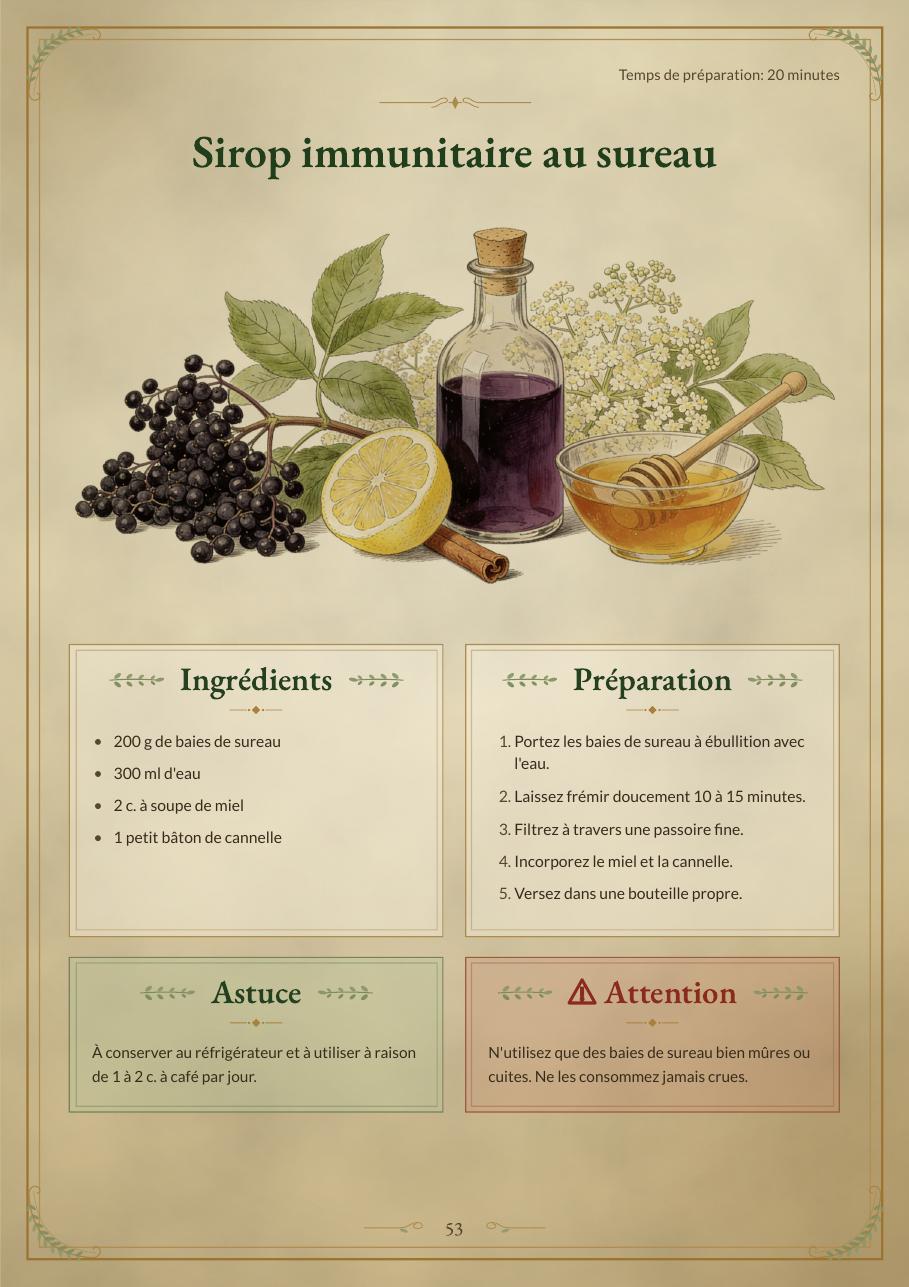 Exemple de page : sirop de sureau pour l'immunité, avec ingrédients, préparation, astuce et encadré Attention